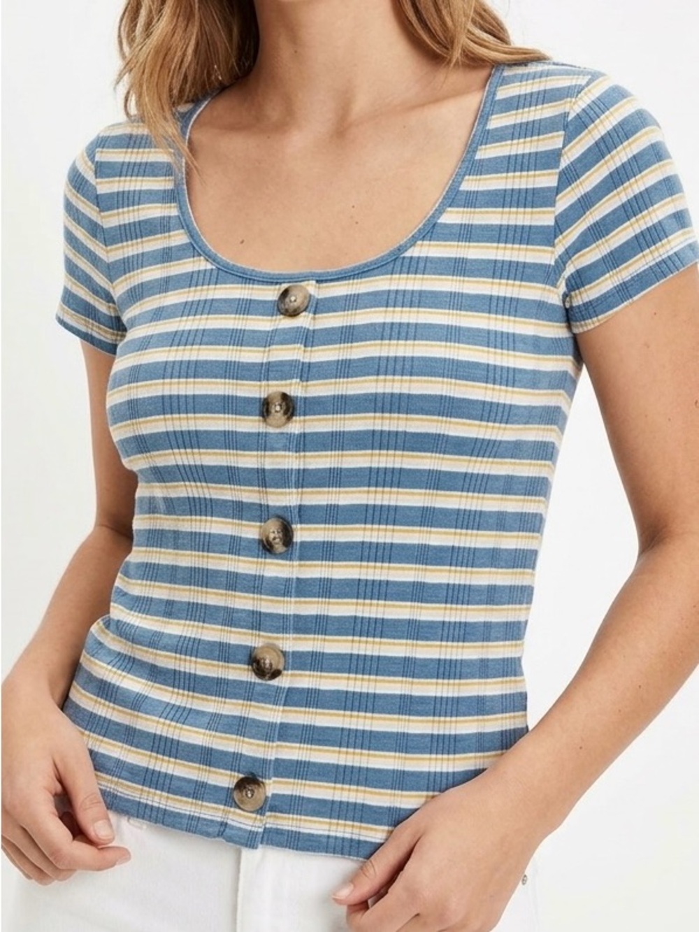 American Eagle Striped Ribbed Button Crop Top XS Coastal Casual Retro Baby Tee